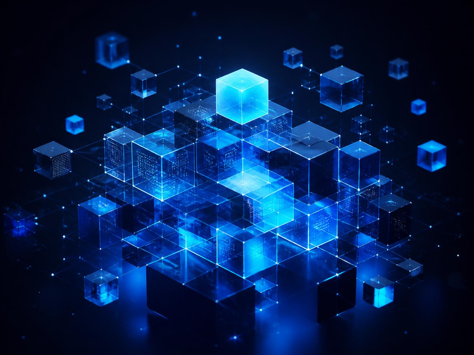 Illustration of glowing translucent cubes connected in a neural lattice